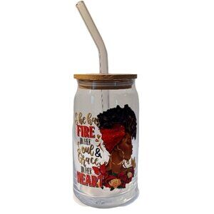 16oz She has Fire in Her Soul Grace in Her Heart Glass Can Cup Bamboo Lid Straw